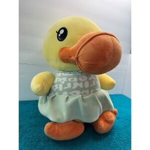 Yellow Duck Plush Stuffed Animal in Green Patterned Dress Soft Toy 12"